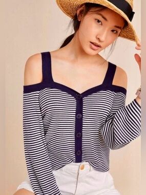 Anthropologie Kristy Navy & Ivory Striped Button-Front Knit Cardigan Size XS
